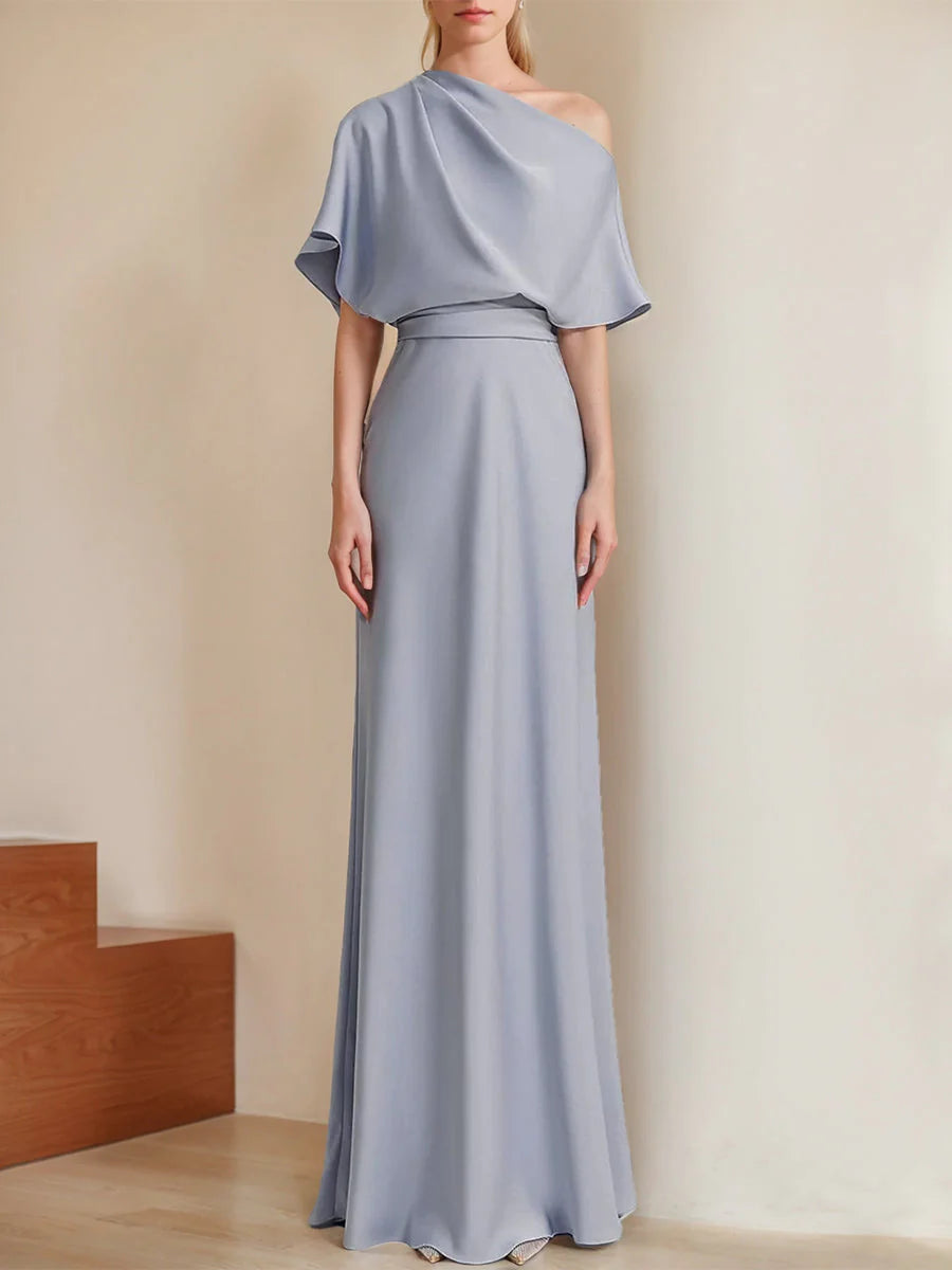 Princess Off-the-Shoulder Short Sleeves Satin Evening Dresses with Ruffles simple gentle atmospheric and unique desi Bring summer colors to enhance whiteness