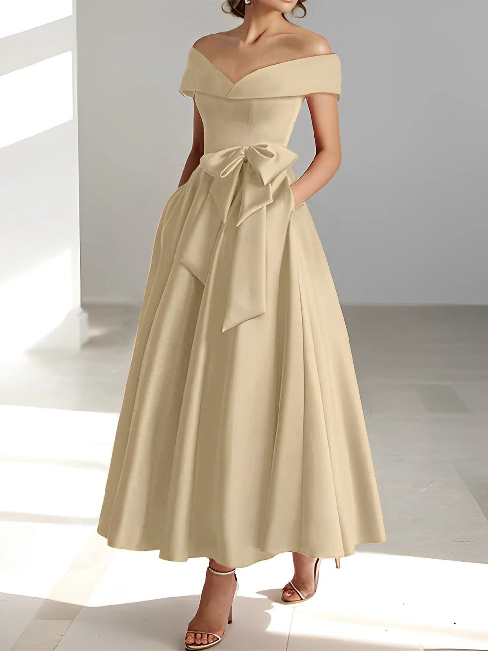 Princess Off-the-Shoulder Sleeveless Ankle-Length Mother of the Bride Dresses with Pockets   simple gentle atmospheric and unique desi Bring summer colors to enhance whiteness