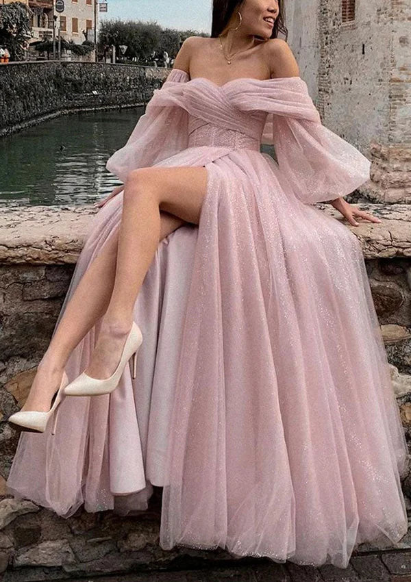 Princess Off-the-Shoulder Tulle Prom Dress/Evening Dress With Split and Sweep Train Simple gentle atmospheric and unique design