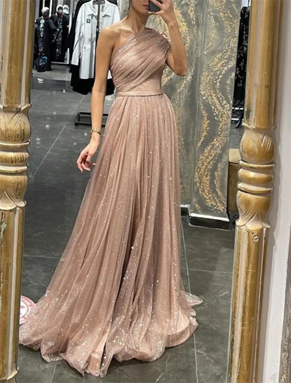 Princess One-Shoulder Long Prom Dresses With Sequins simple gentle atmospheric and unique desi Bring summer colors to enhance whiteness
