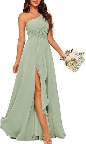 Princess One-Shoulder Sleeveless Floor-Length Bridesmaid Dress with Split Side simple gentle atmospheric and unique desi Bring summer colors to enhance whiteness