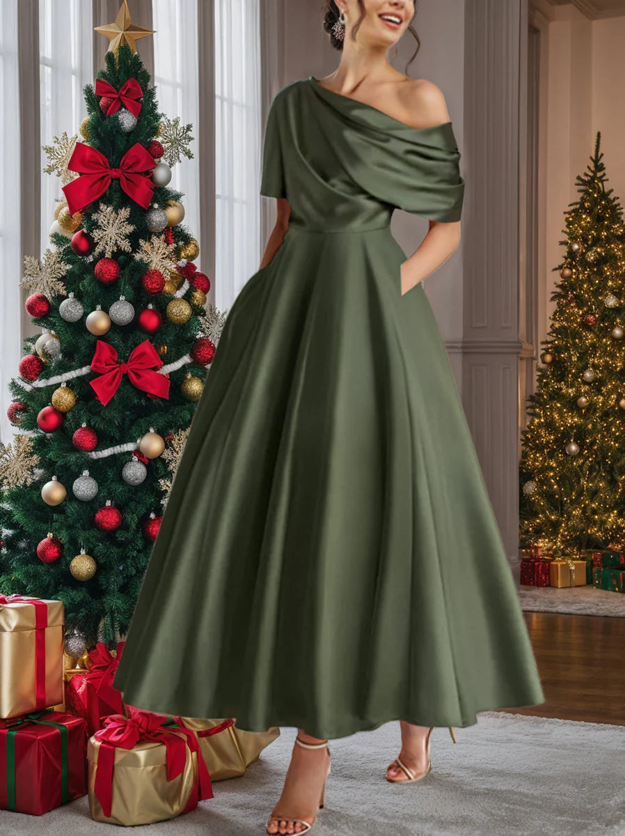 Princess One-shoulder Half Sleeve Ankle-Length Mother of the Bride Dresses with Ruffles simple gentle atmospheric and unique desi Bring summer colors to enhance whiteness