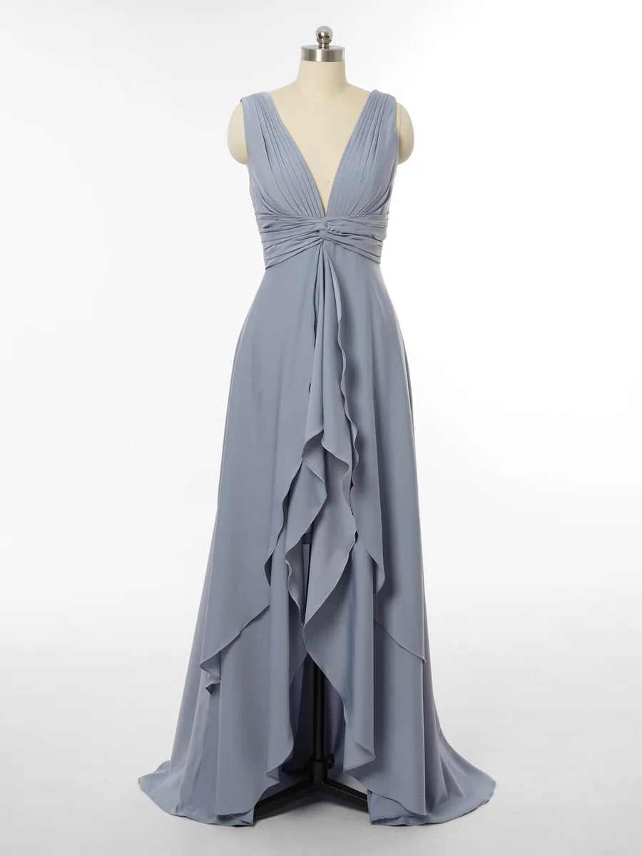 Princess Plunging V-Neck Sleeveless Bridesmaid Dresses with Split Side simple gentle atmospheric and unique desi Bring summer colors to enhance whiteness