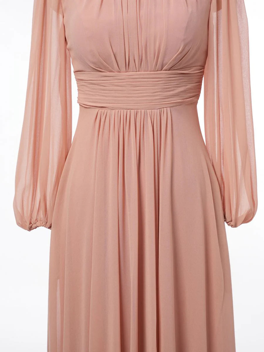 Princess Scoop Long Sleeves Bridesmaid Dresses with Ruched simple gentle atmospheric and unique desi Bring summer colors to enhance whiteness