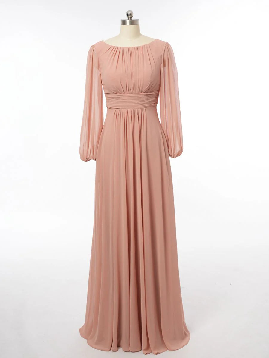 Princess Scoop Long Sleeves Bridesmaid Dresses with Ruched simple gentle atmospheric and unique desi Bring summer colors to enhance whiteness