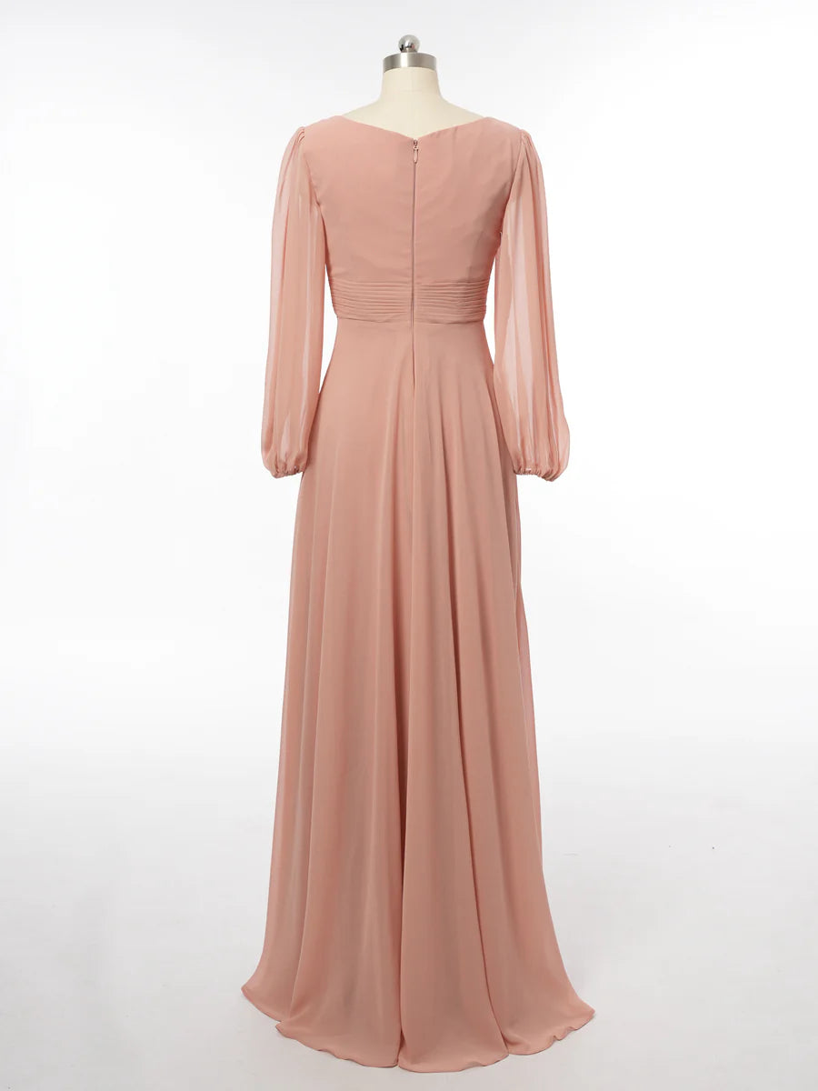 Princess Scoop Long Sleeves Bridesmaid Dresses with Ruched simple gentle atmospheric and unique desi Bring summer colors to enhance whiteness