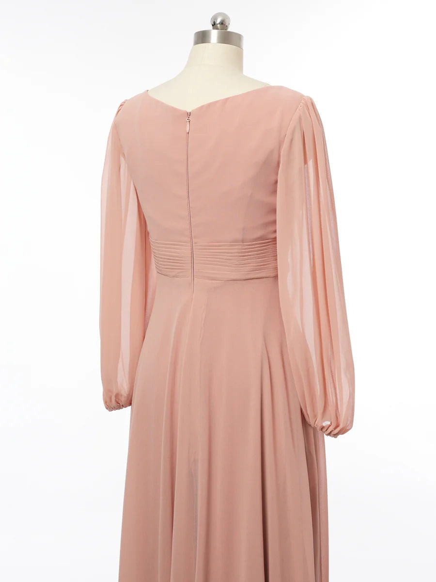 Princess Scoop Long Sleeves Bridesmaid Dresses with Ruched simple gentle atmospheric and unique desi Bring summer colors to enhance whiteness