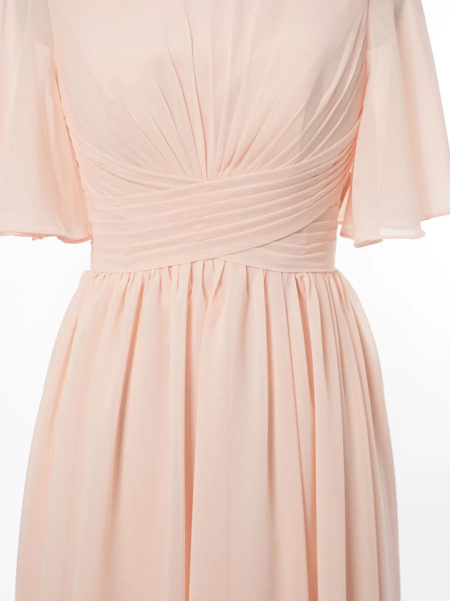 Princess Scoop Short Sleeves Bridesmaid Dresses with Ruched simple gentle atmospheric and unique desi Bring summer colors to enhance whitenessiteness