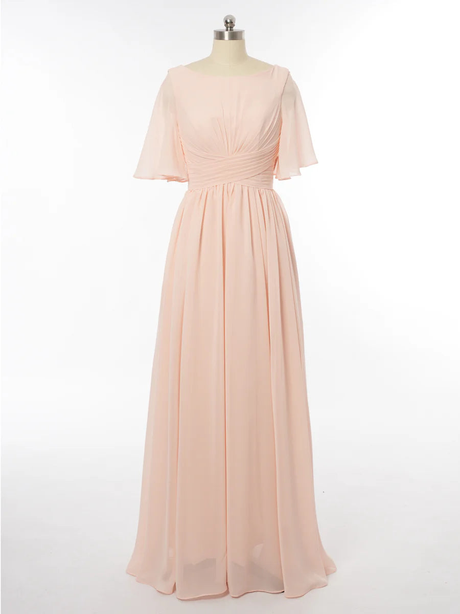Princess Scoop Short Sleeves Bridesmaid Dresses with Ruched simple gentle atmospheric and unique desi Bring summer colors to enhance whitenessiteness