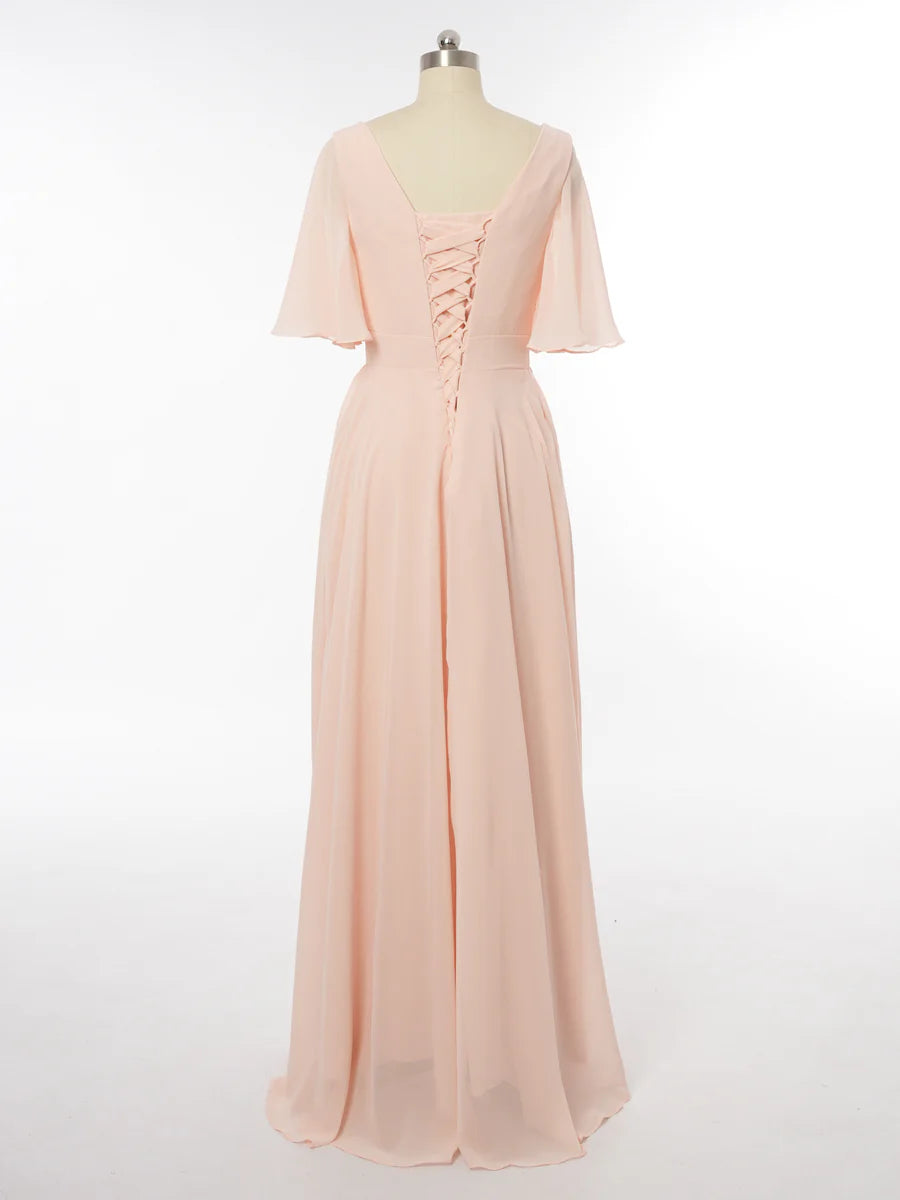 Princess Scoop Short Sleeves Bridesmaid Dresses with Ruched simple gentle atmospheric and unique desi Bring summer colors to enhance whitenessiteness