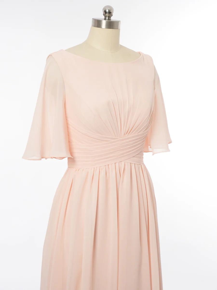 Princess Scoop Short Sleeves Bridesmaid Dresses with Ruched simple gentle atmospheric and unique desi Bring summer colors to enhance whitenessiteness