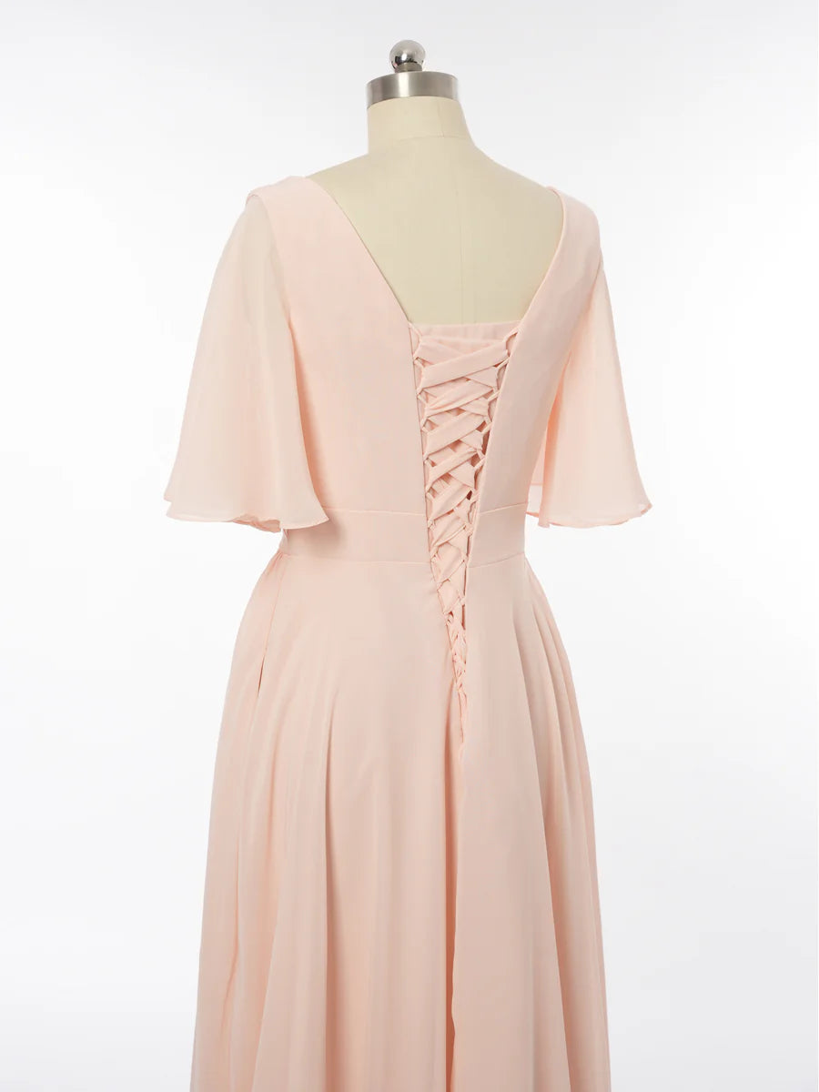 Princess Scoop Short Sleeves Bridesmaid Dresses with Ruched simple gentle atmospheric and unique desi Bring summer colors to enhance whitenessiteness