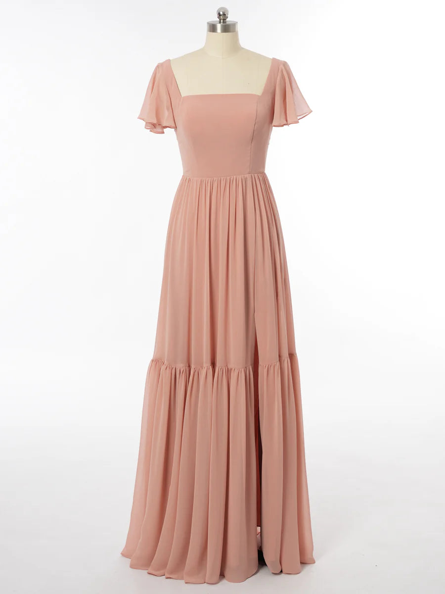 Princess Scoop Short Sleeves Bridesmaid Dresses with Split Side simple gentle atmospheric and unique desi Bring summer colors to enhance whiteness