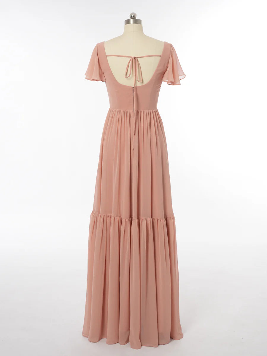 Princess Scoop Short Sleeves Bridesmaid Dresses with Split Side simple gentle atmospheric and unique desi Bring summer colors to enhance whiteness