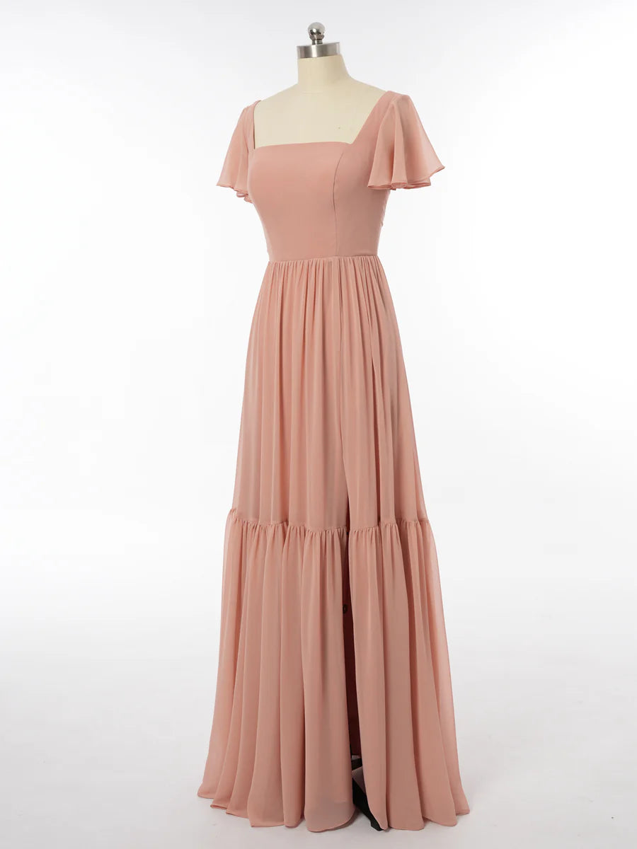 Princess Scoop Short Sleeves Bridesmaid Dresses with Split Side simple gentle atmospheric and unique desi Bring summer colors to enhance whiteness