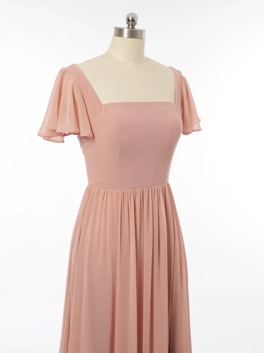 Princess Scoop Short Sleeves Bridesmaid Dresses with Split Side simple gentle atmospheric and unique desi Bring summer colors to enhance whiteness