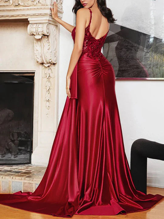 Princess Strapless Sleeveless Floor-length Long Formal Evening Dresses with Split Side simple gentle atmospheric and unique desi Bring summer colors to enhance whiteness（副本）