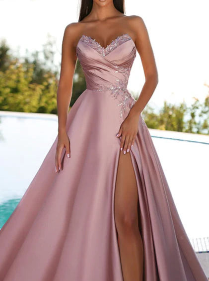 Princess Strapless Floor-Length Prom Floral Dresses With Split Side simple gentle atmospheric and unique desi Bring summer colors to enhance whiteness