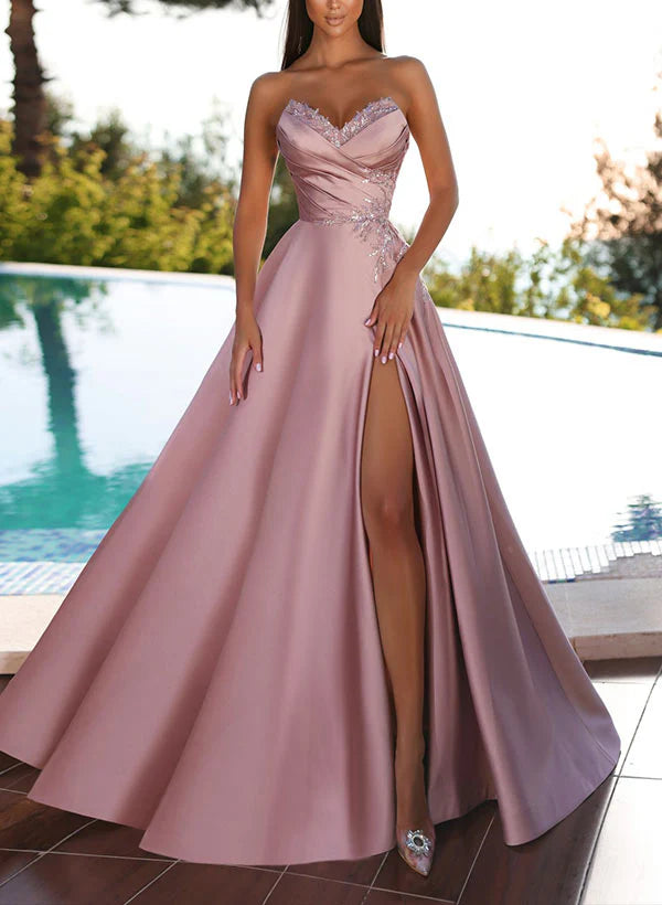 Princess Strapless Floor-Length Prom Floral Dresses With Split Side simple gentle atmospheric and unique desi Bring summer colors to enhance whiteness