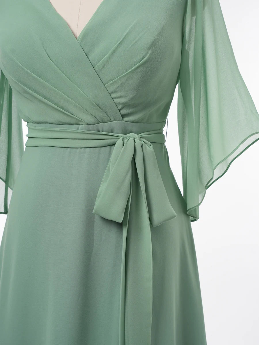 Princess V-Neck 3/4 Sleeves Bridesmaid Dresses with Belt simple gentle atmospheric and unique desi Bring summer colors to enhance whiteness