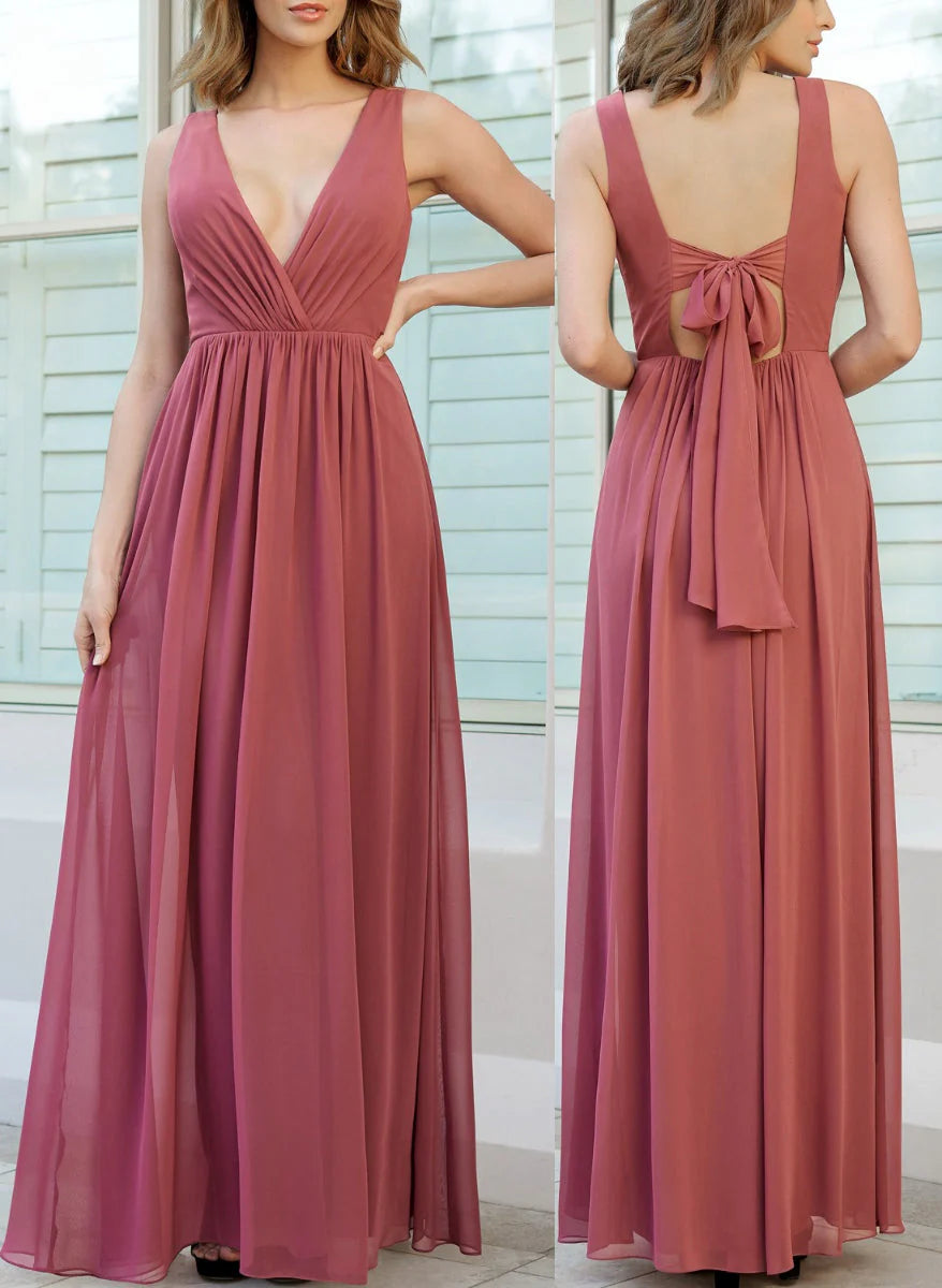 Princess V-Neck Floor-length Long Bridesmaid Dresses simple gentle atmospheric and unique desi Bring summer colors to enhance whiteness