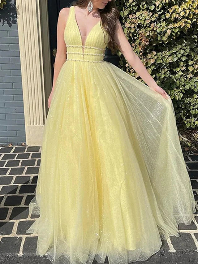 Princess V-Neck Floor-length Prom Dresses simple gentle atmospheric and unique desi Bring summer colors to enhance whiteness