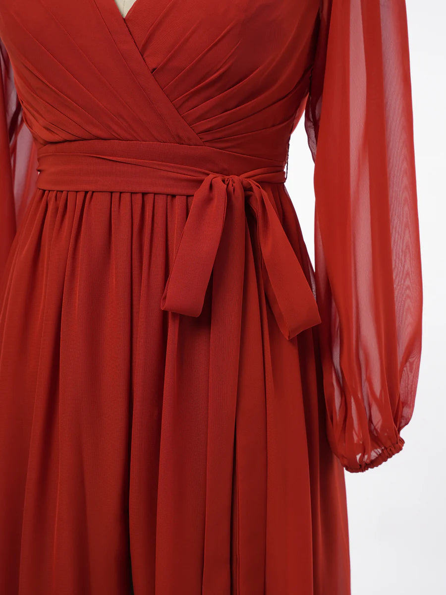 Princess V-Neck Long Sleeves Bridesmaid Dresses with Belt simple gentle atmospheric and unique desi Bring summer colors to enhance whiteness