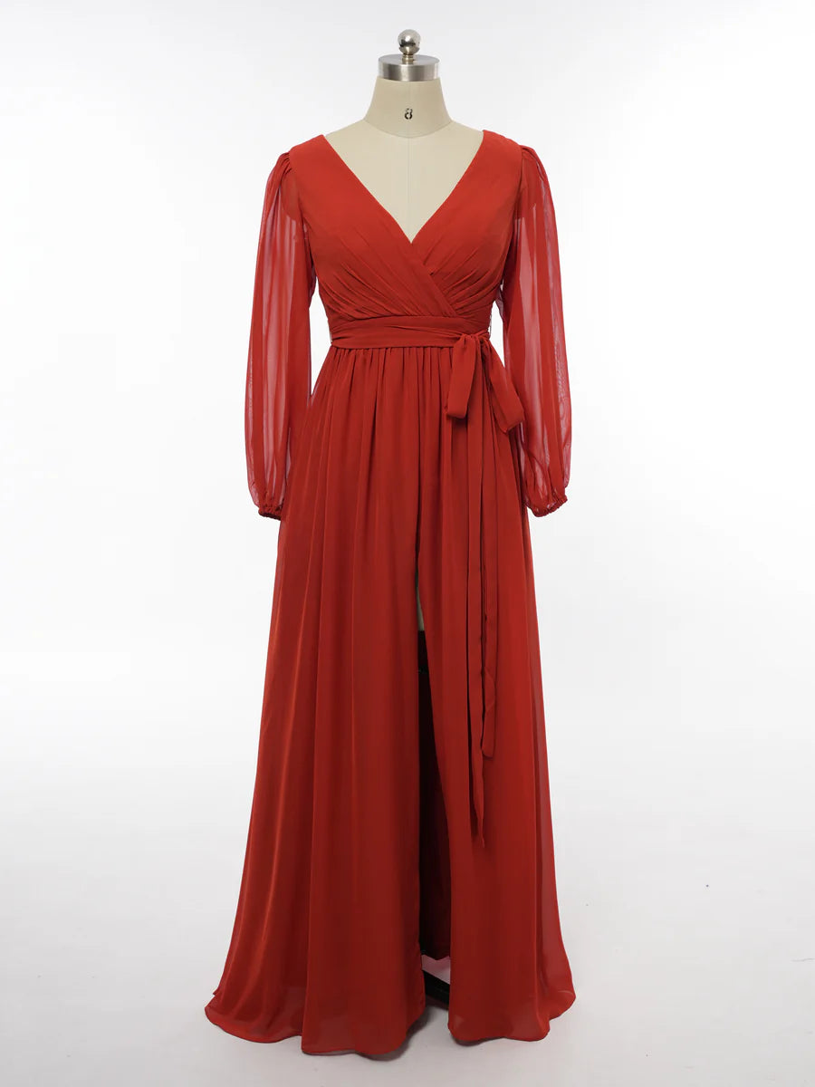 Princess V-Neck Long Sleeves Bridesmaid Dresses with Belt simple gentle atmospheric and unique desi Bring summer colors to enhance whiteness