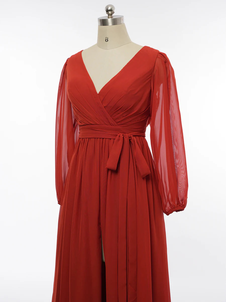 Princess V-Neck Long Sleeves Bridesmaid Dresses with Belt simple gentle atmospheric and unique desi Bring summer colors to enhance whiteness