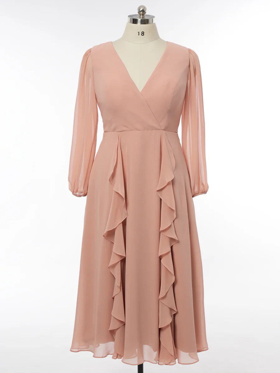 Princess V-Neck Long Sleeves Bridesmaid Dresses with Ruffles simple gentle atmospheric and unique desi Bring summer colors to enhance whiteness