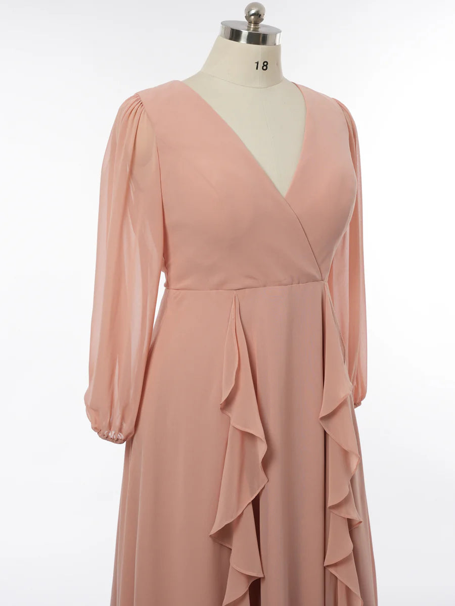 Princess V-Neck Long Sleeves Bridesmaid Dresses with Ruffles simple gentle atmospheric and unique desi Bring summer colors to enhance whiteness