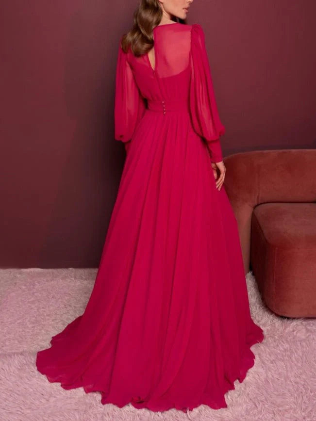 Princess V-Neck Long Sleeves Floor-Length Evening Dress with Ruffles simple gentle atmospheric and unique desi Bring summer colors to enhance whiteness