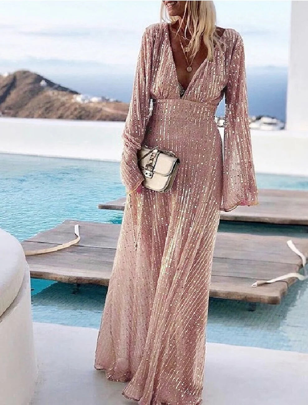 Princess V-Neck Long Sleeves Prom Evening Dresses with Sequins simple gentle atmospheric and unique desi Bring summer colors to enhance whiteness