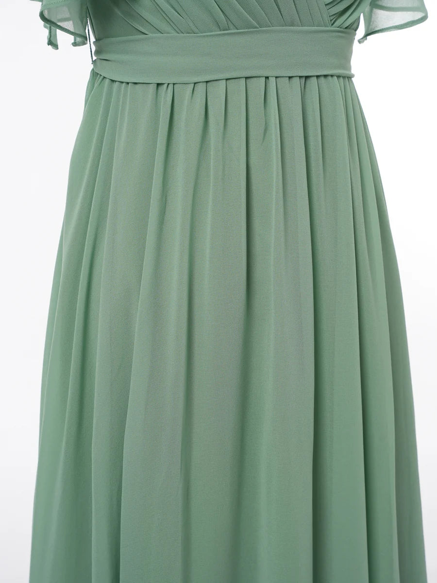 Princess V-Neck Short Sleeves Bridesmaid Dresses with Belt simple gentle atmospheric and unique desi Bring summer colors to enhance whiteness