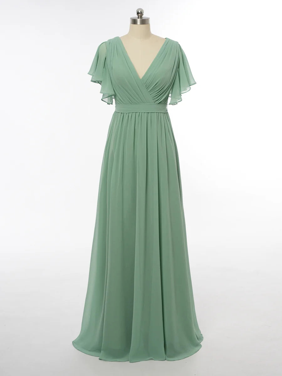 Princess V-Neck Short Sleeves Bridesmaid Dresses with Belt simple gentle atmospheric and unique desi Bring summer colors to enhance whiteness