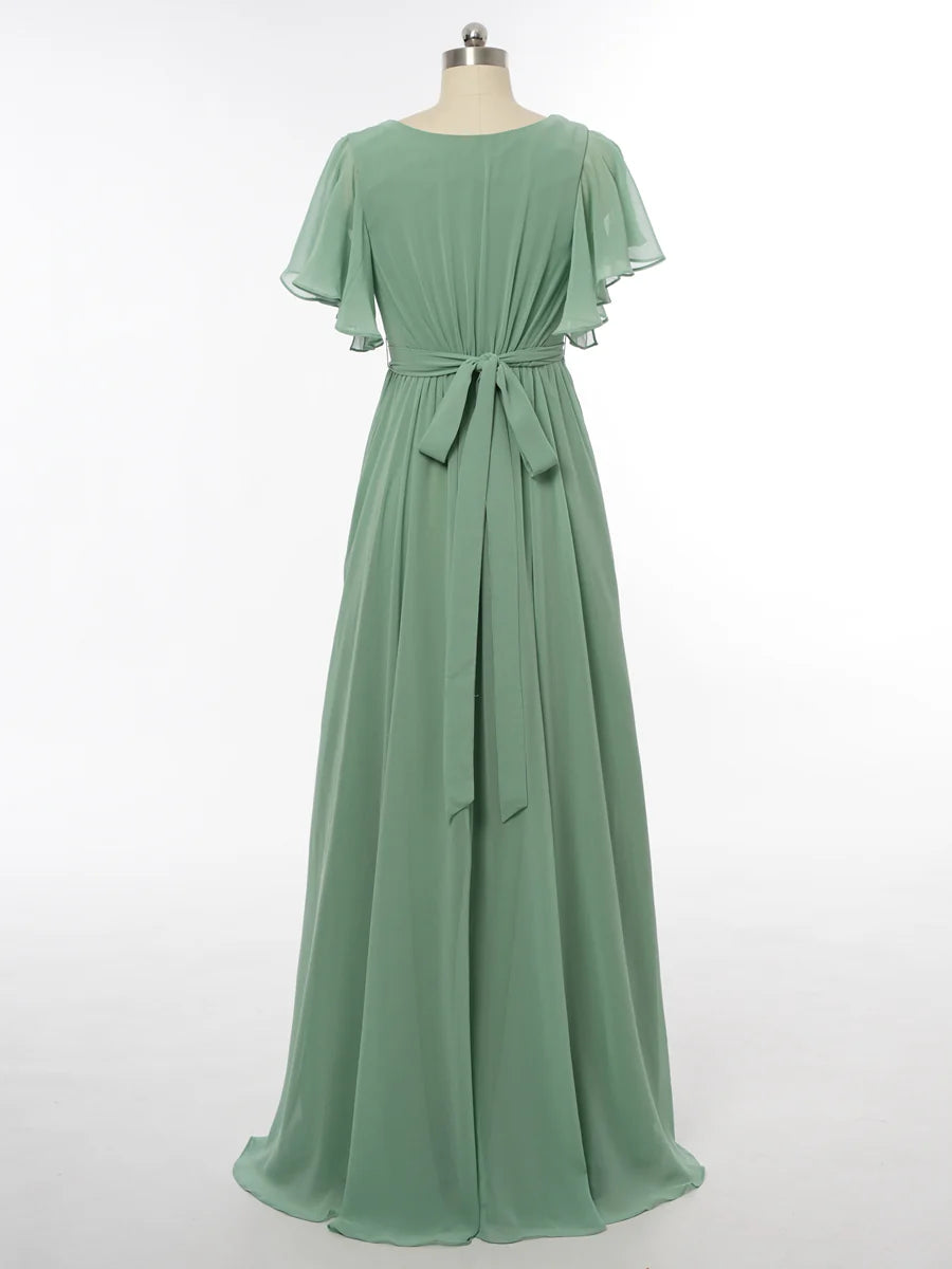 Princess V-Neck Short Sleeves Bridesmaid Dresses with Belt simple gentle atmospheric and unique desi Bring summer colors to enhance whiteness