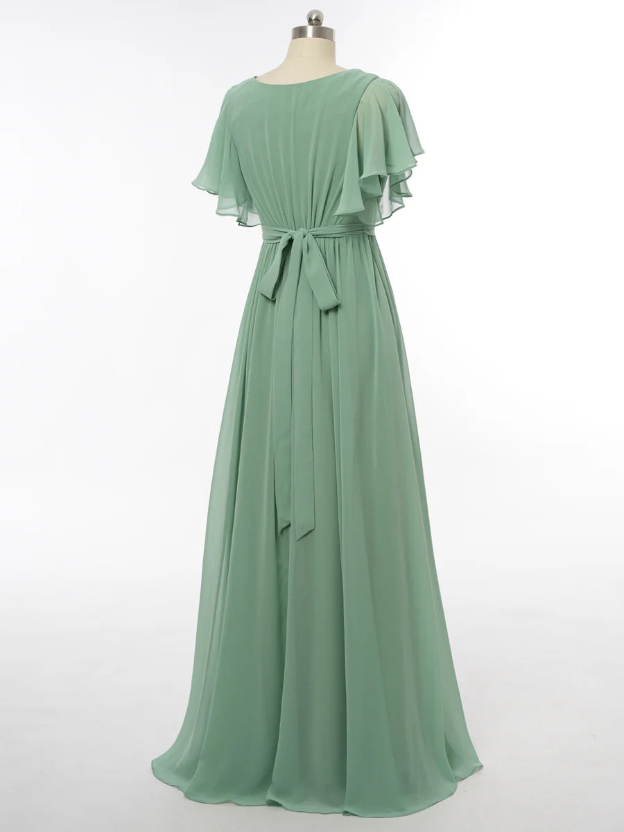 Princess V-Neck Short Sleeves Bridesmaid Dresses with Belt simple gentle atmospheric and unique desi Bring summer colors to enhance whiteness