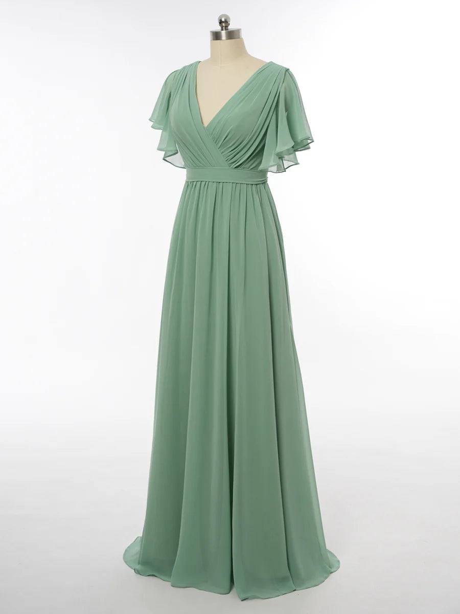 Princess V-Neck Short Sleeves Bridesmaid Dresses with Belt simple gentle atmospheric and unique desi Bring summer colors to enhance whiteness