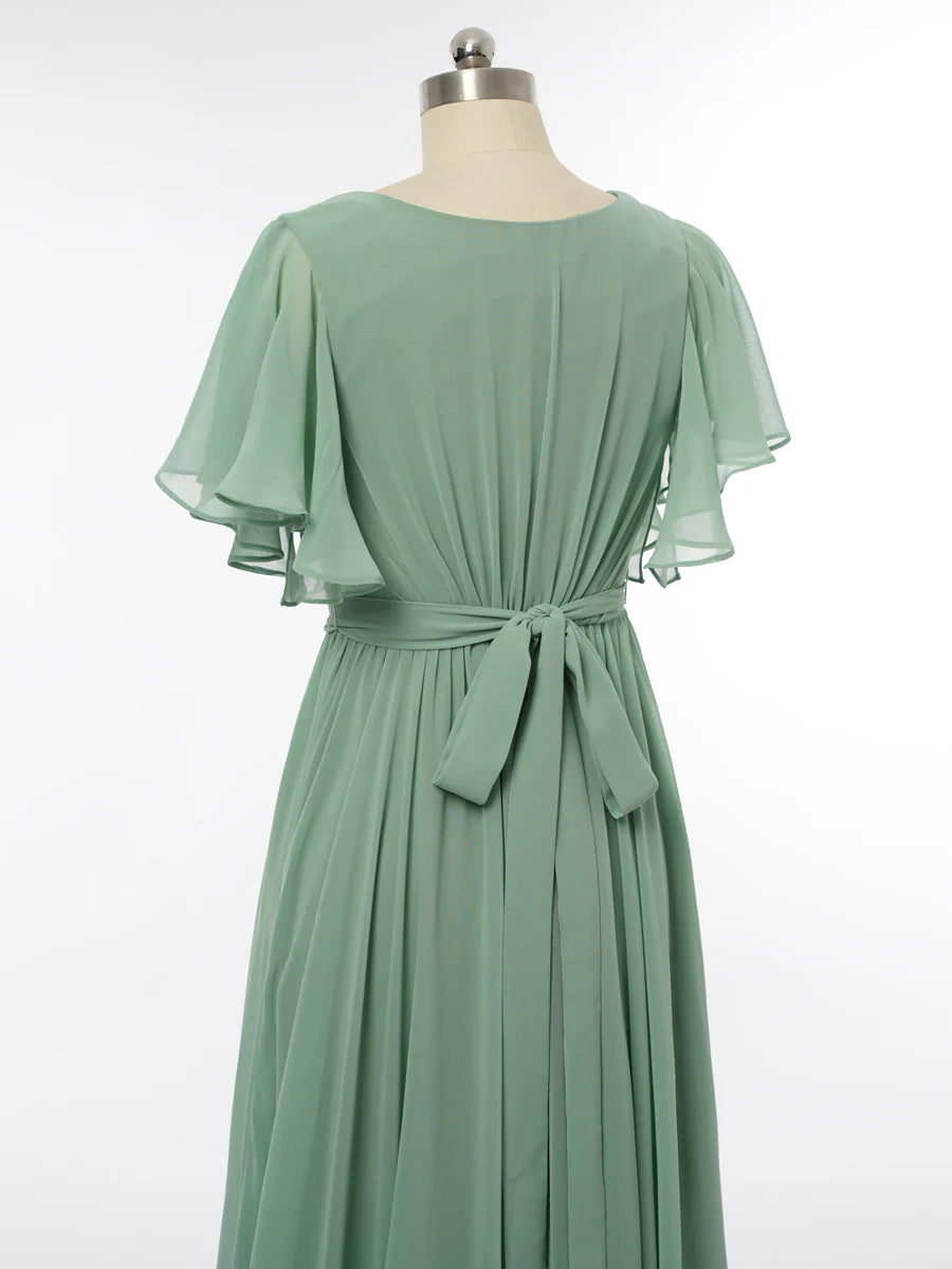 Princess V-Neck Short Sleeves Bridesmaid Dresses with Belt simple gentle atmospheric and unique desi Bring summer colors to enhance whiteness