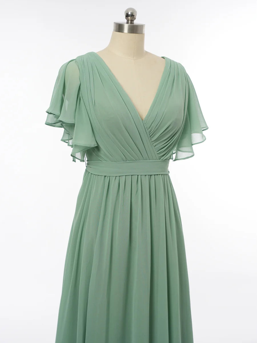 Princess V-Neck Short Sleeves Bridesmaid Dresses with Belt simple gentle atmospheric and unique desi Bring summer colors to enhance whiteness