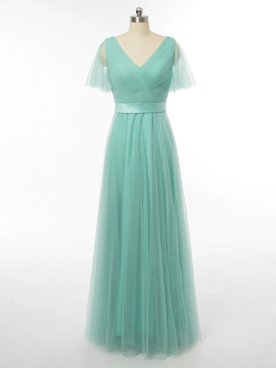 Princess V-Neck Short Sleeves Bridesmaid Dresses with Ruched simple gentle atmospheric and unique desi Bring summer colors to enhance whiteness