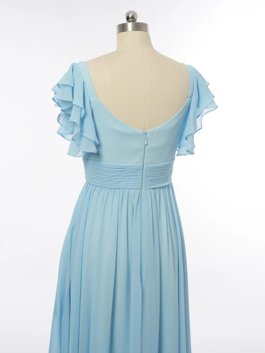 Princess V-Neck Short Sleeves Bridesmaid Dresses with Ruffles simple gentle atmospheric and unique desi Bring summer colors to enhance whiteness