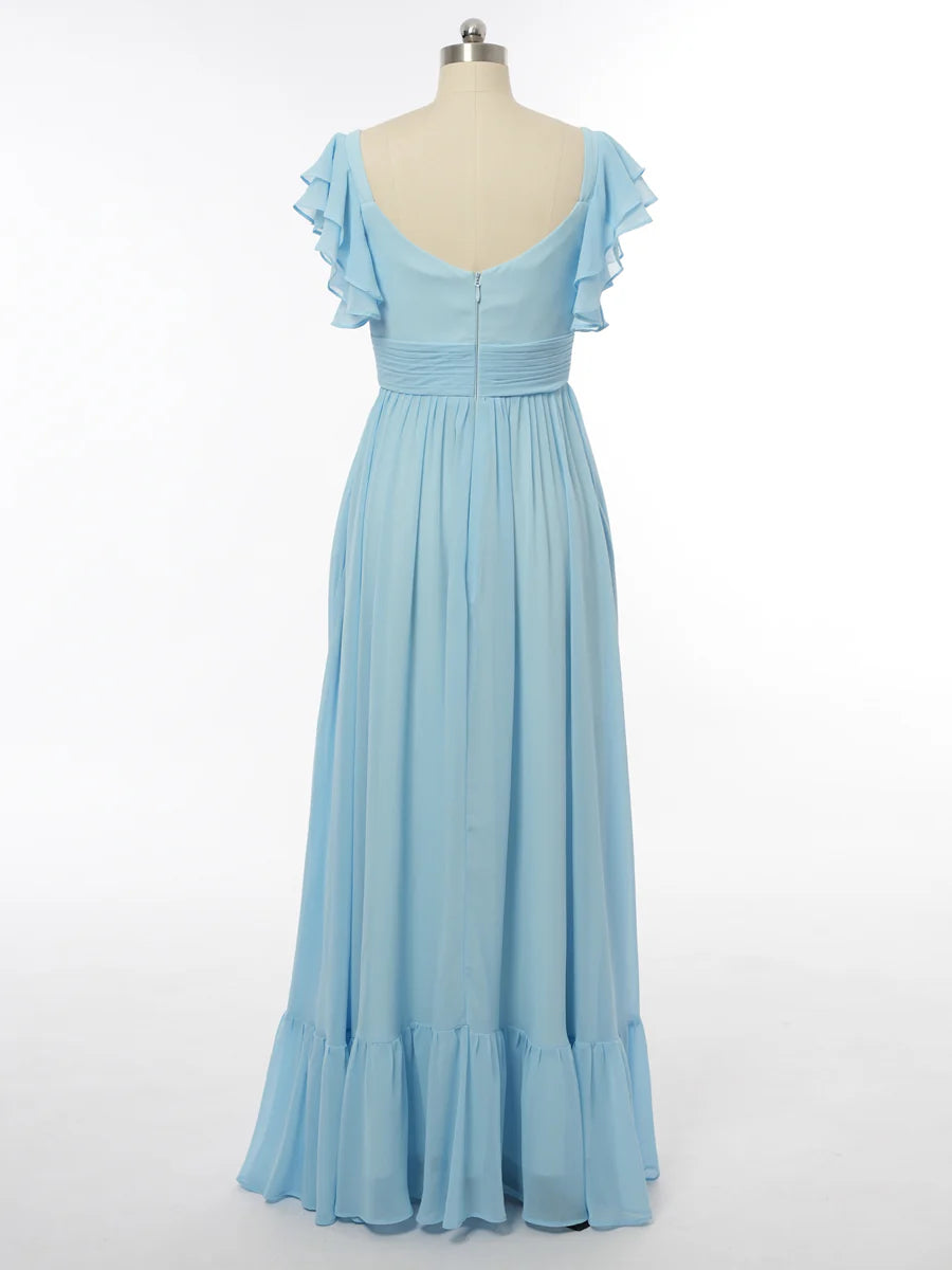 Princess V-Neck Short Sleeves Bridesmaid Dresses with Ruffles simple gentle atmospheric and unique desi Bring summer colors to enhance whiteness