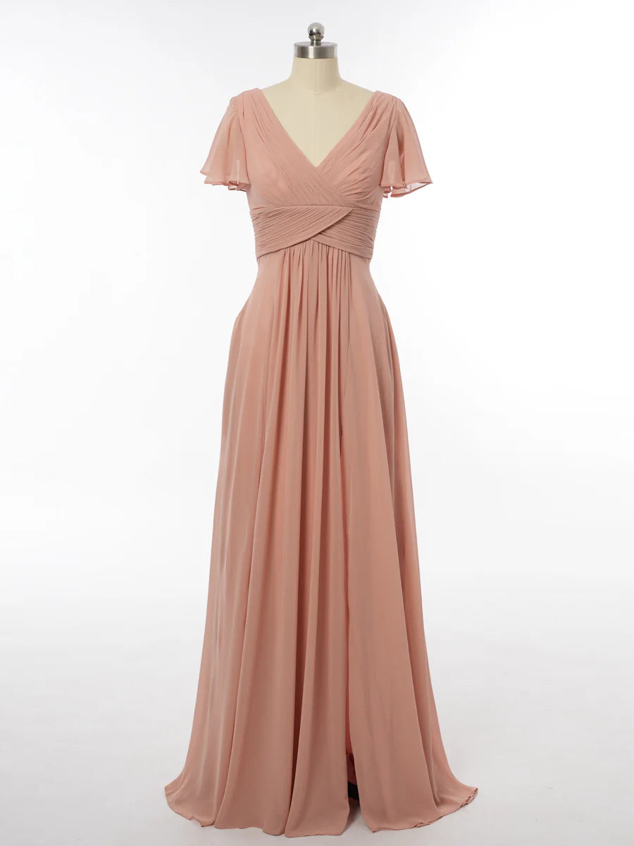 Princess V-Neck Short Sleeves Bridesmaid Dresses with Ruffles simple gentle atmospheric and unique desi Bring summer colors to enhance whiteness