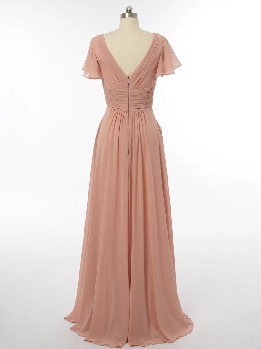 Princess V-Neck Short Sleeves Bridesmaid Dresses with Ruffles simple gentle atmospheric and unique desi Bring summer colors to enhance whiteness