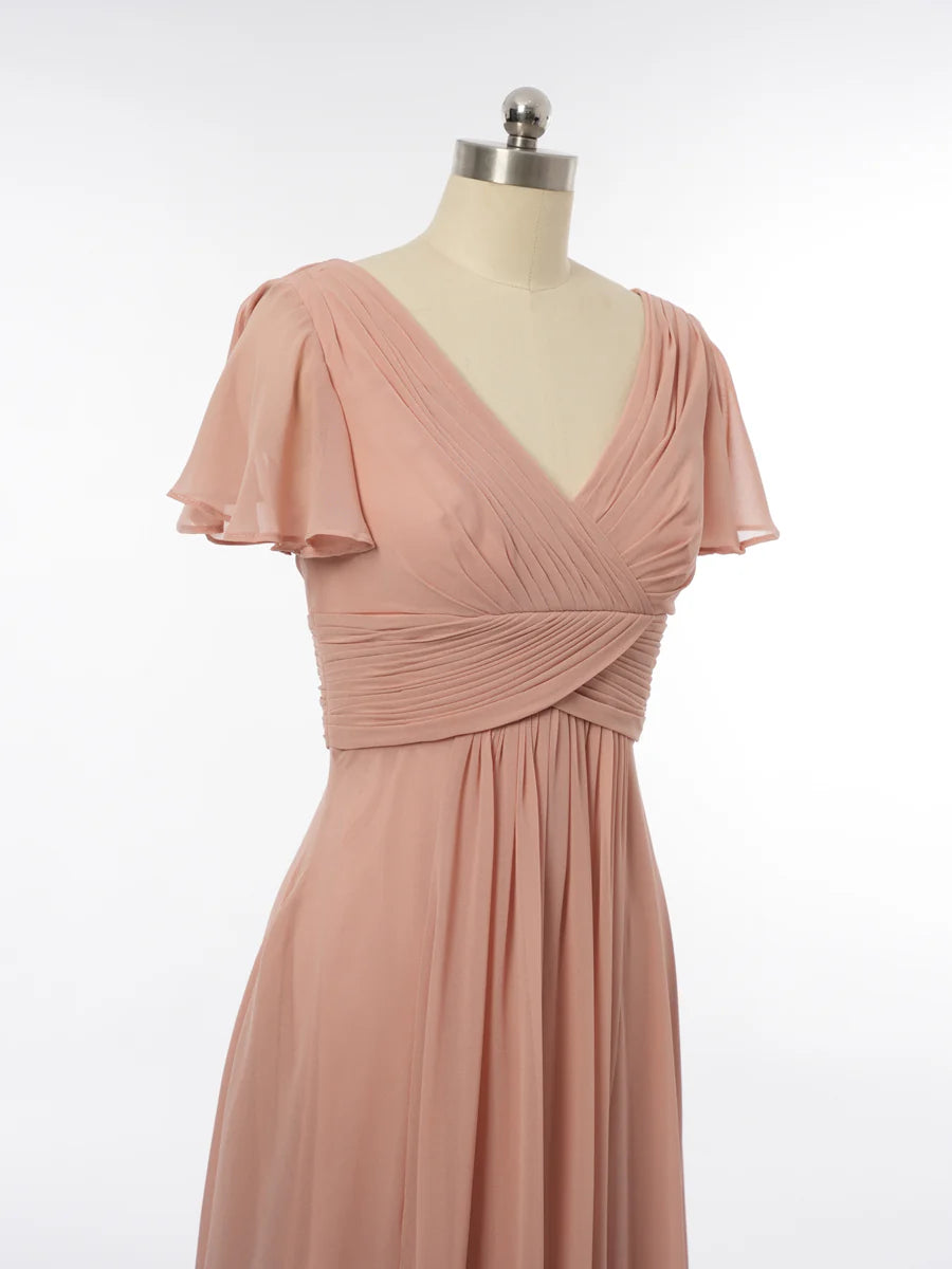 Princess V-Neck Short Sleeves Bridesmaid Dresses with Ruffles simple gentle atmospheric and unique desi Bring summer colors to enhance whiteness