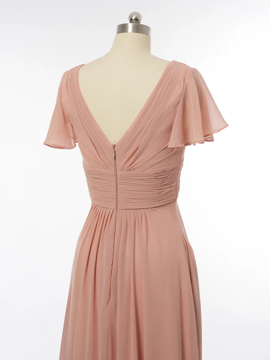 Princess V-Neck Short Sleeves Bridesmaid Dresses with Ruffles simple gentle atmospheric and unique desi Bring summer colors to enhance whiteness