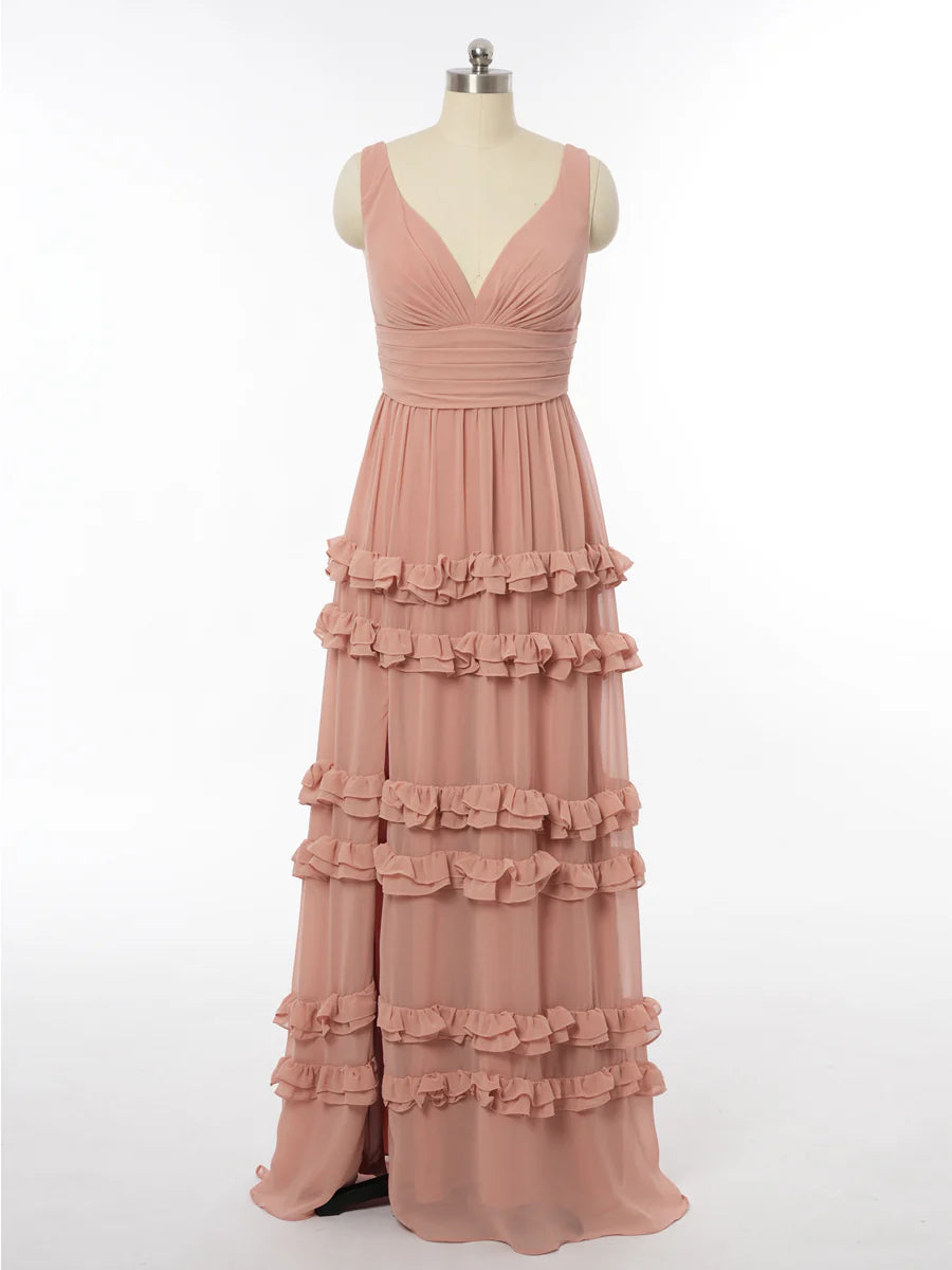 Princess V-Neck Sleeveless Bridesmaid Dresses with Split Side simple gentle atmospheric and unique desi Bring summer colors to enhance whiteness