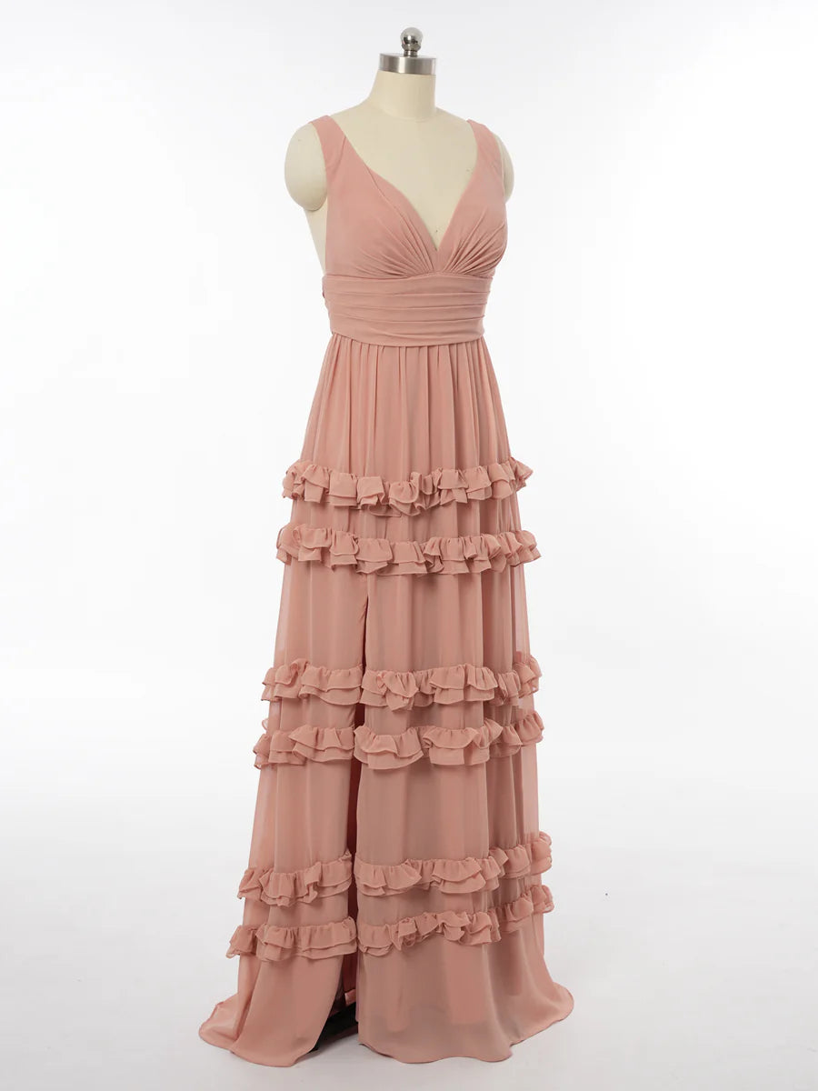 Princess V-Neck Sleeveless Bridesmaid Dresses with Split Side simple gentle atmospheric and unique desi Bring summer colors to enhance whiteness