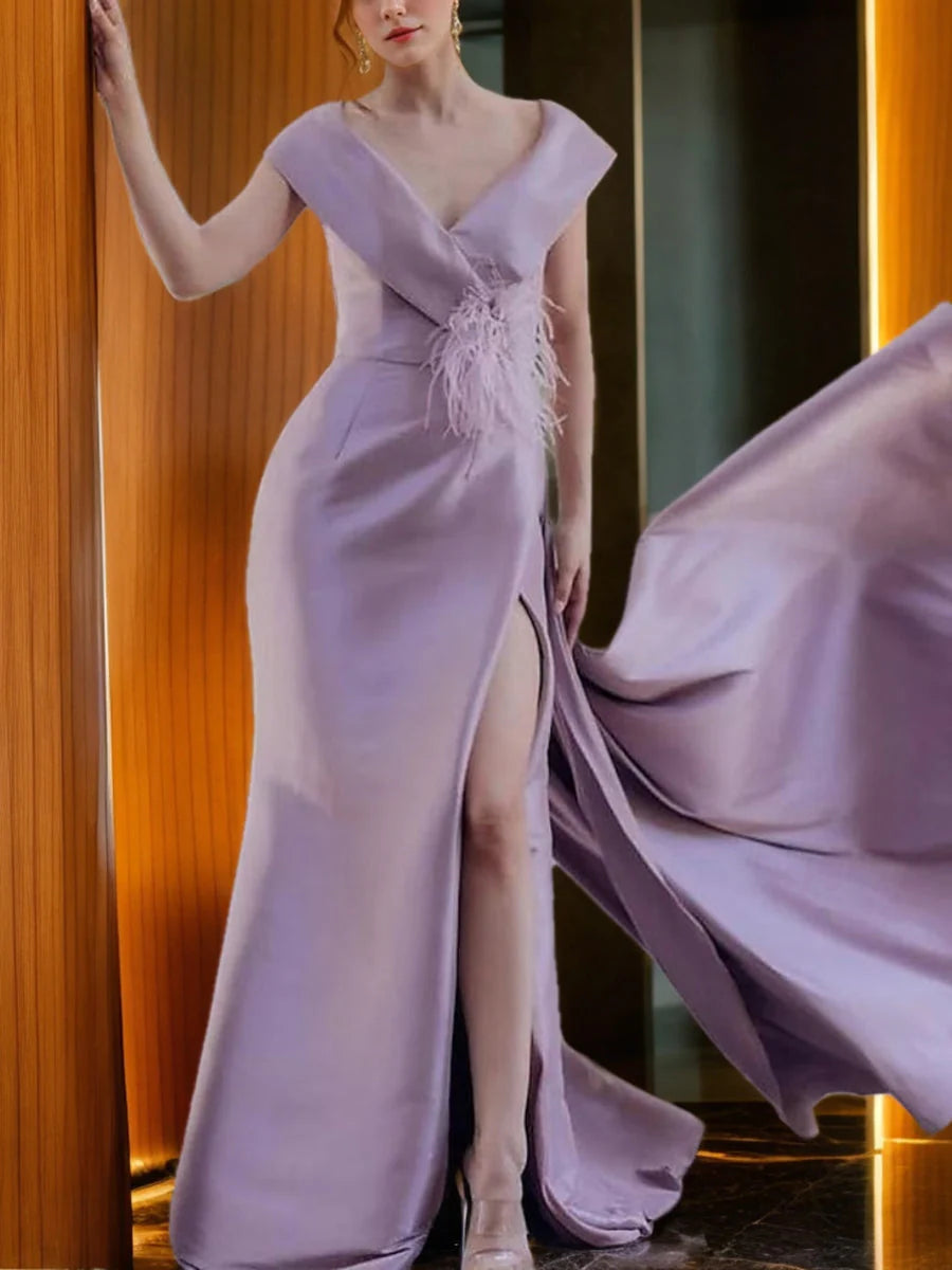 Princess V-Neck Sleeveless Long Evening Dresses with High Split & Feather simple gentle atmospheric and unique desi Bring summer colors to enhance whiteness